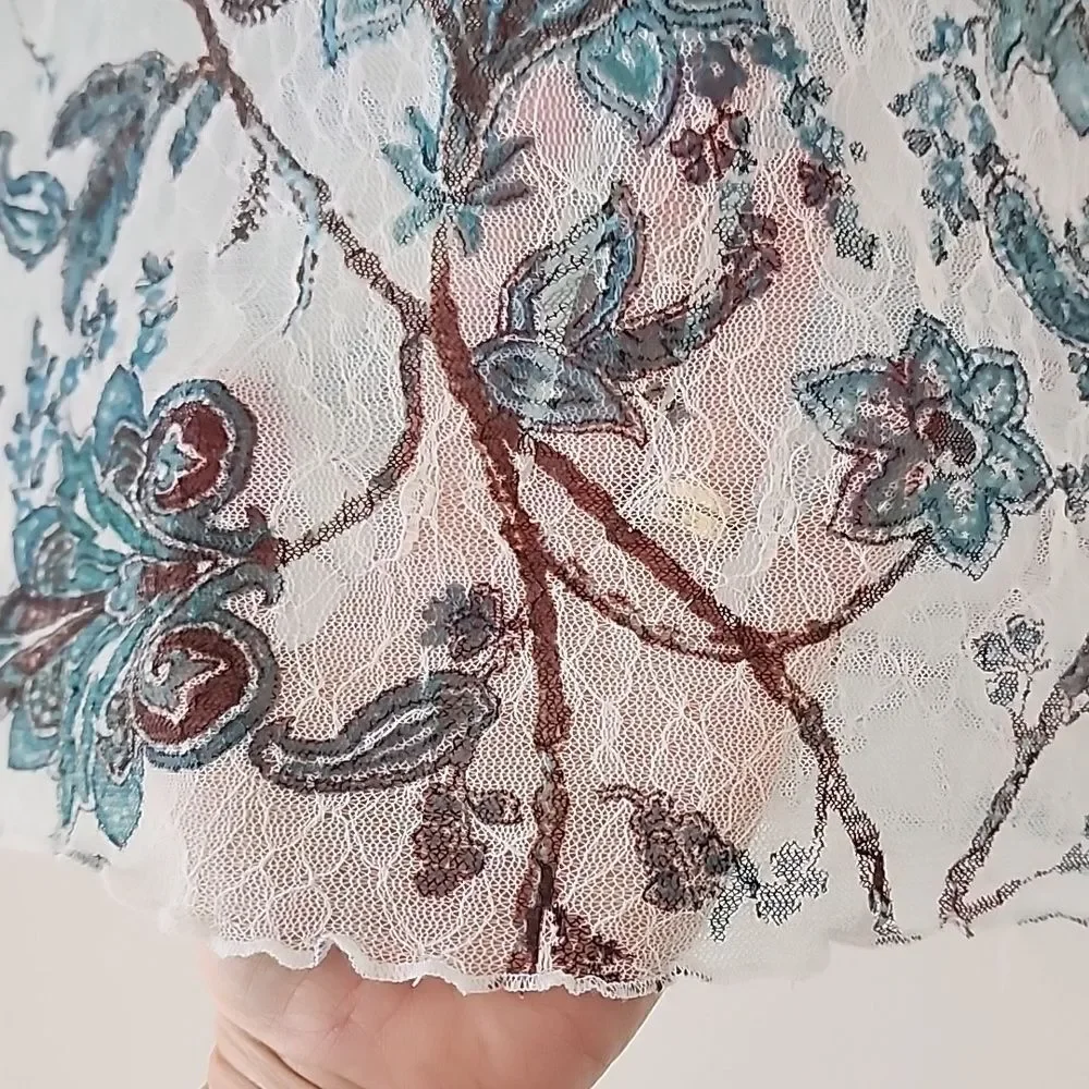 Y2K 90's Blue Floral Semi Sheer Mesh Tulle Beige Lace Trim Fitted Henley Top S E - Picture 8 of 12